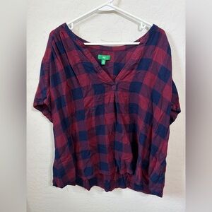 dip Plaid V-Neck Blouse - Red and Blue